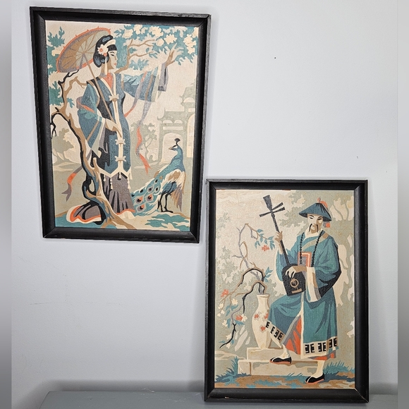 Vintage Other - Vintage 60s Framed Paint-by-Number  Asian Art Chinese Lady Musian Man (Set of 2)